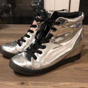 Metallic silver wedge booties